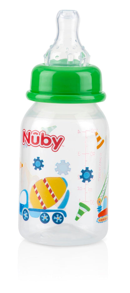Nuby Printed Non-Drip Bottle, 4 Ounce, 1 Pack of 1 Bottle, Colors May Vary