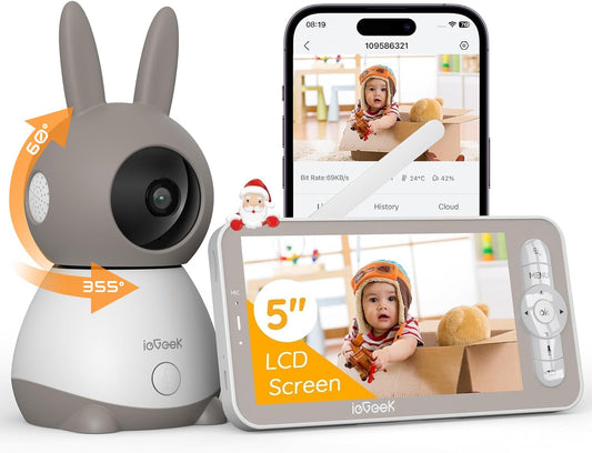 ieGeek 2K Split-Screen Baby Monitor, 5" Audio Baby Monitor with 2 Cameras, WiFi Smartphone Video Dual Camera, Night Vision, Motion & Cry Detection, Two Way Talk Temper &Humidity Sensor