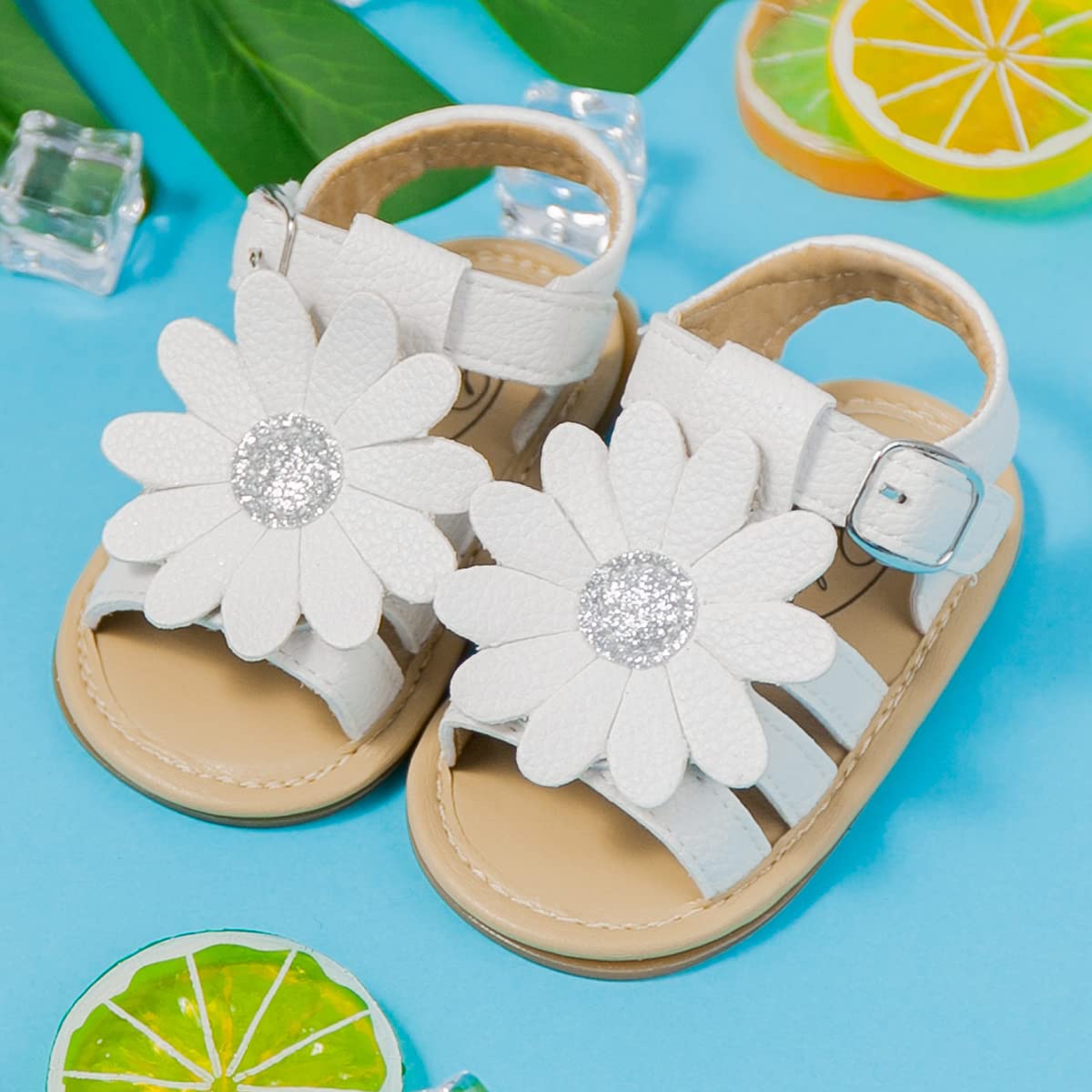 Sawimlgy Baby Girls Boys Sandals Summer Flowers Shoe Rubber Sole PU Leather Mesh Infant Toddler First Walkers Princess Dress Outdoor Shoes