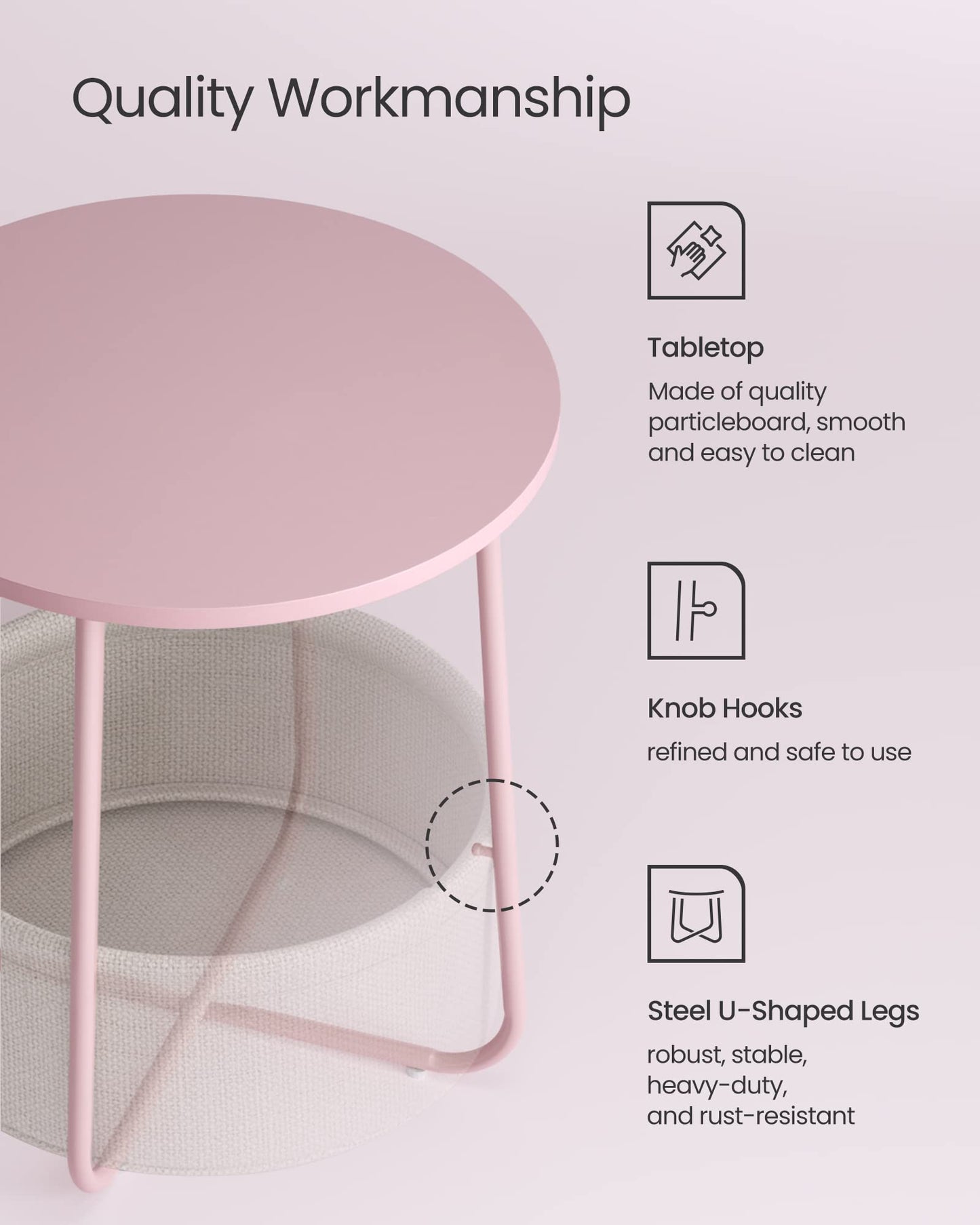 VASAGLE End Table, Small Bedside Table with Fabric Basket, Modern Nightstand, Round Side Table, for Living Room, Bedroom, Matte White and Camel Brown ULET223W10