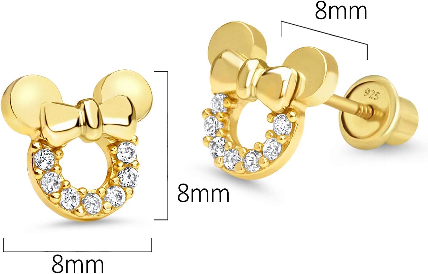 14k Gold Plated Brass Mouse Cubic Zirconia Screwback Baby Girls Earrings with Sterling Silver Post