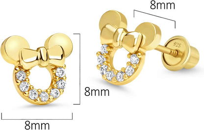 14k Gold Plated Brass Mouse Cubic Zirconia Screwback Baby Girls Earrings with Sterling Silver Post
