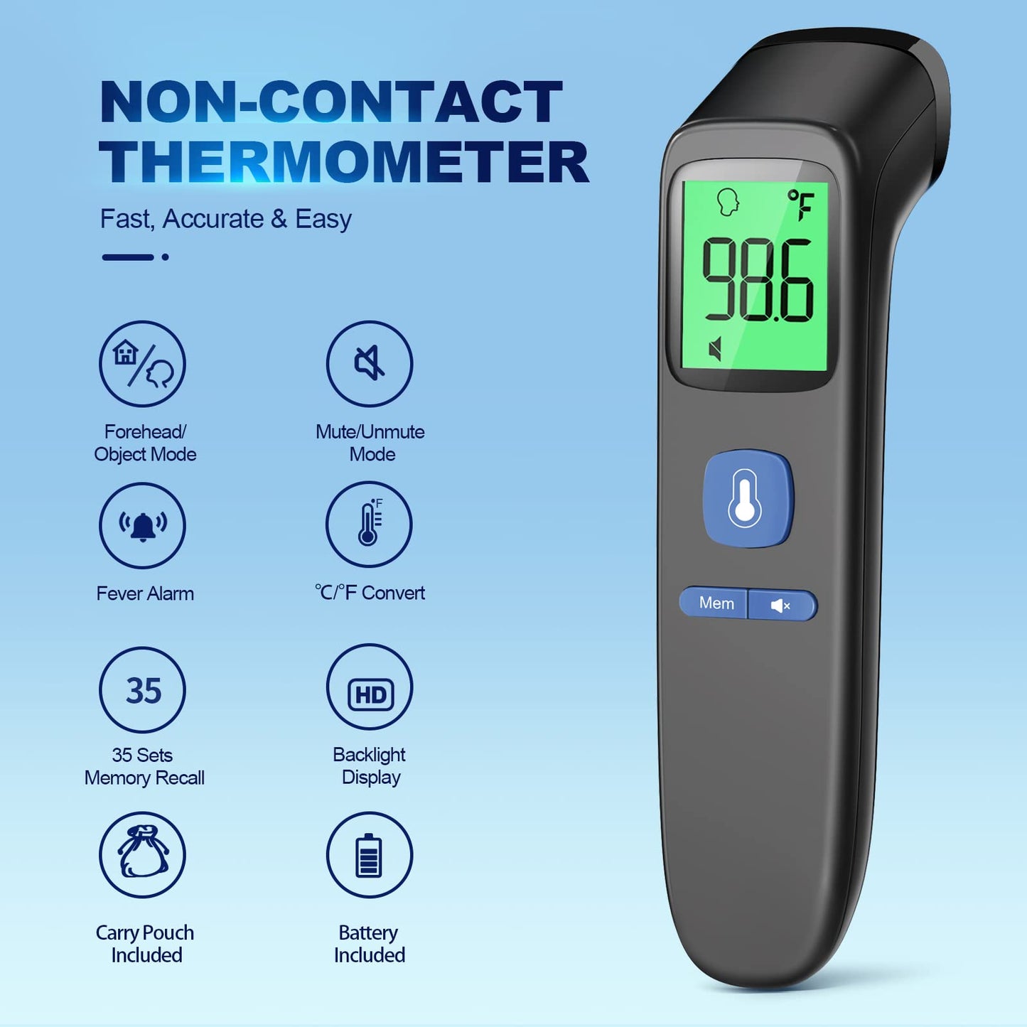 No-Touch Thermometer for Adults and Kids, Accurate Digital Baby Thermometer, FSA HSA Eligible, Fever Alarm & Silent Mode, 2 in 1 Forehead & Object Mode