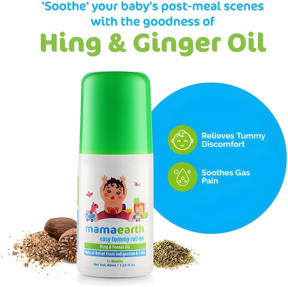 Mamaearth Easy Baby Tummy Roll On for Digestion & Colic Relief with Hing & Fennel | Natural Gas Relief Belly Rub for Delicate Skin of Babies | 40ml/1.35 Fl Oz