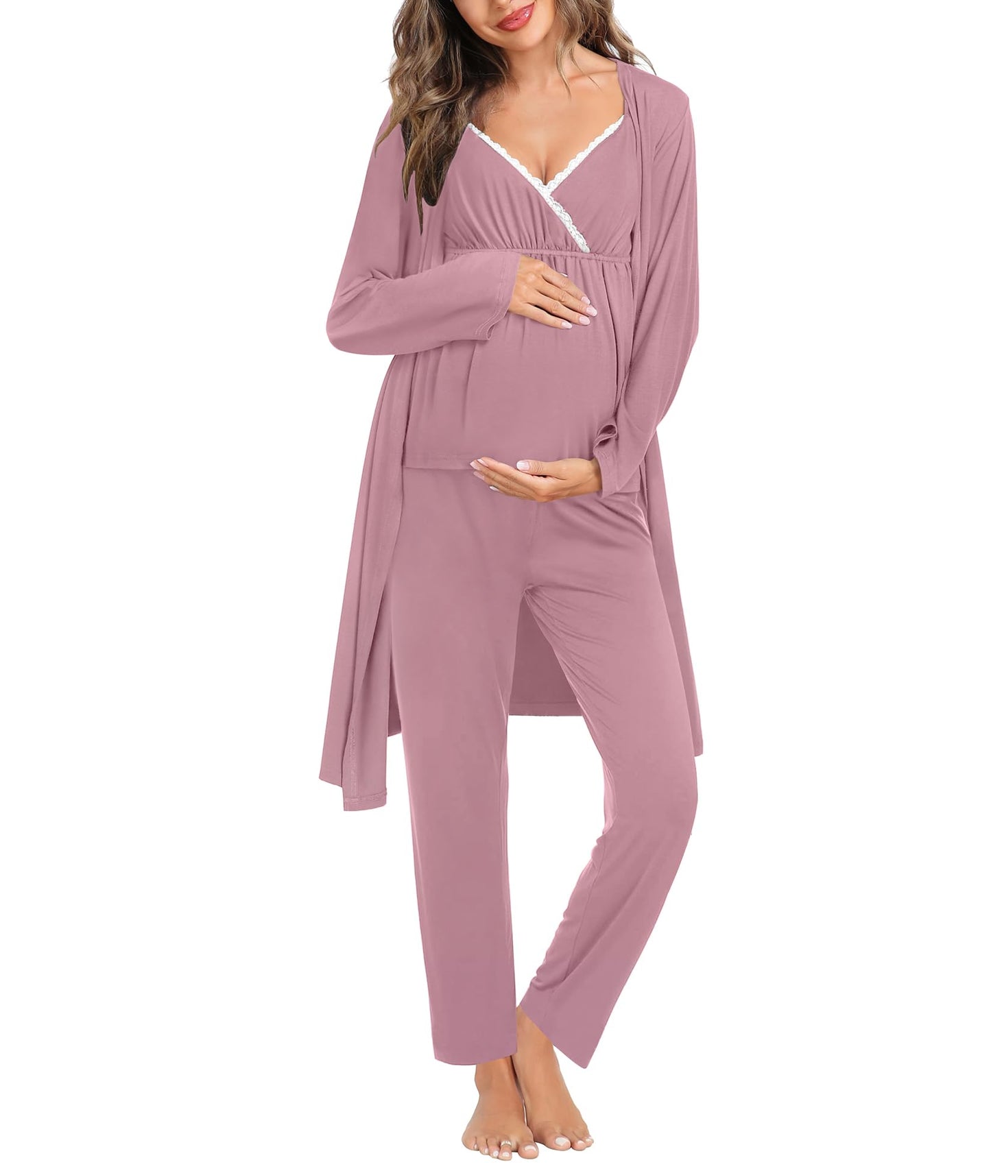SWOMOG Maternity Nursing Robe Set 3 Piece Breastfeeding Pajamas 3 in 1 Labor Delivery Sleevless Tops&Long Pants Pregnancy Pjs