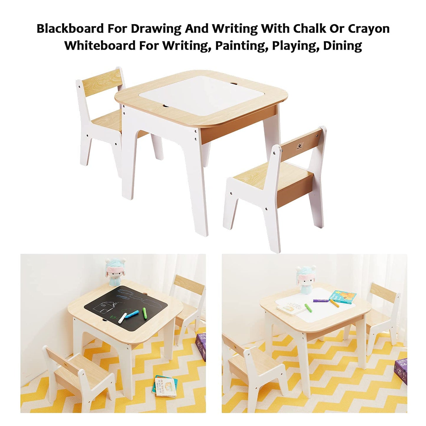 Toffy & Friends Wooden Storage Table and Chairs Set, White, 3-Piece Set, Ideal for Children's Learning, Activity Table or Dining