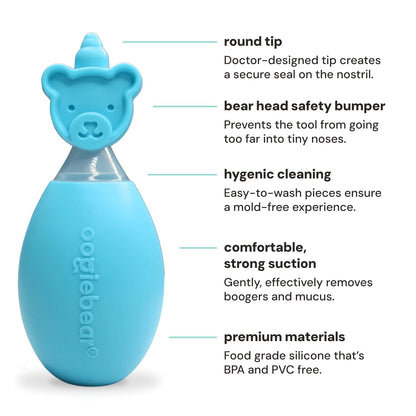 oogiebear BearPair Silicone Bulb Baby Nasal Aspirator and Ear & Nose Syringe, Safely Sucks Snot and Removes Mucus, Cleanable and Reusable, Grey