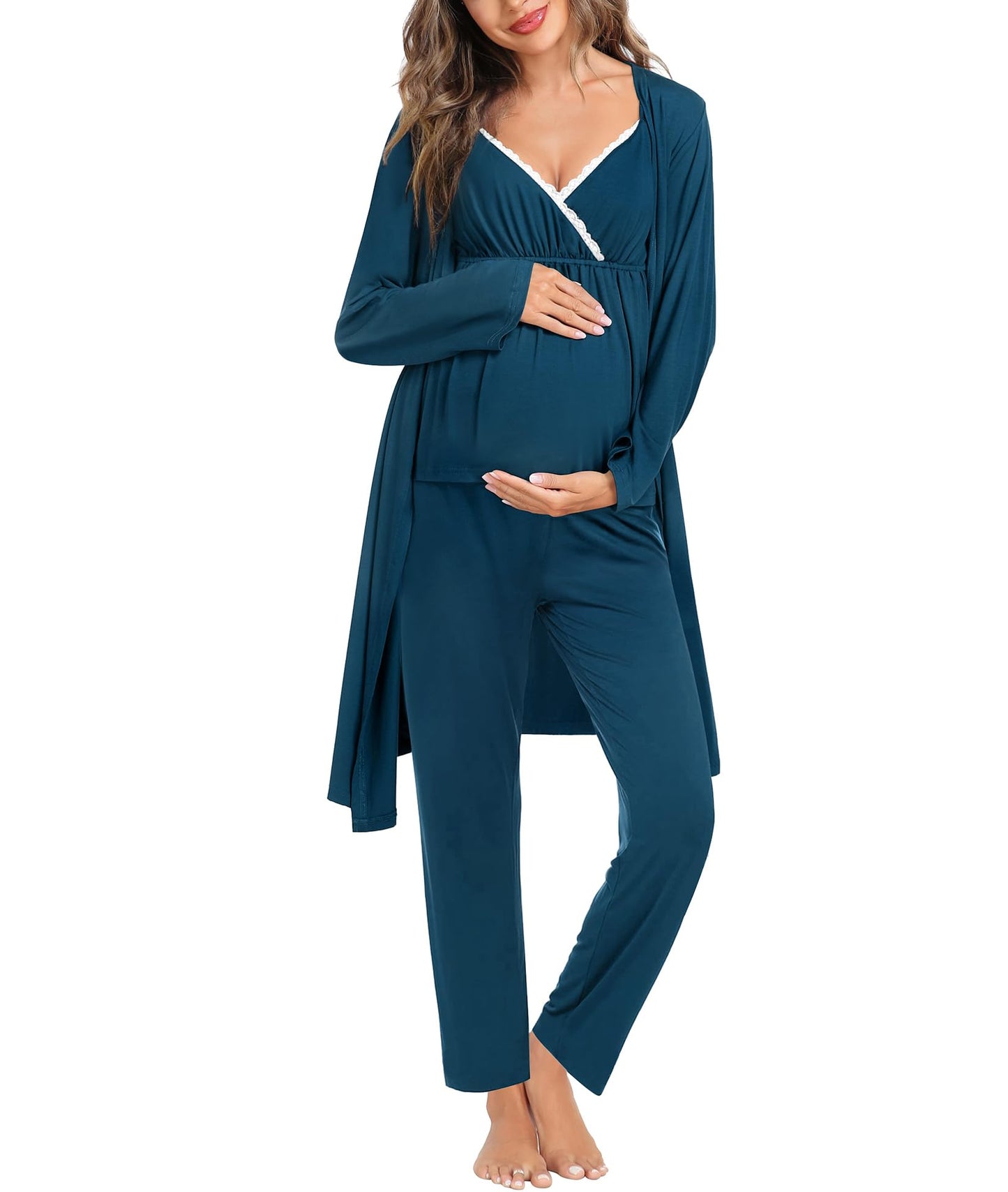 SWOMOG Maternity Nursing Robe Set 3 Piece Breastfeeding Pajamas 3 in 1 Labor Delivery Sleevless Tops&Long Pants Pregnancy Pjs