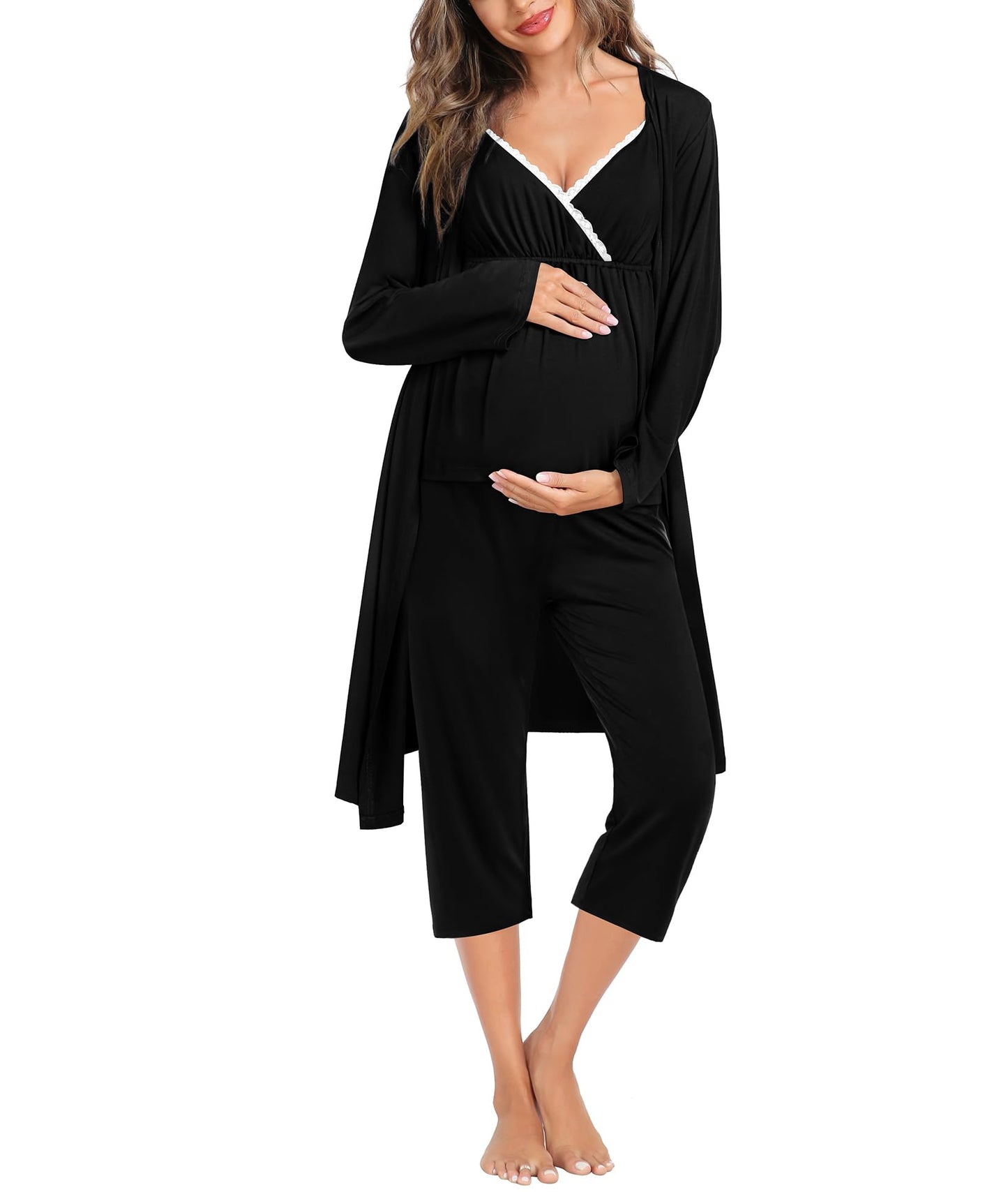SWOMOG Maternity Nursing Robe Set 3 Piece Breastfeeding Pajamas 3 in 1 Labor Delivery Sleevless Tops&Long Pants Pregnancy Pjs