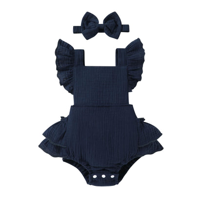 Happy Town Baby Girl Clothes Toddler Summer Linen Romper Sleeveless Ruffle Outfits Infant Girls Jumpsuit with Headband