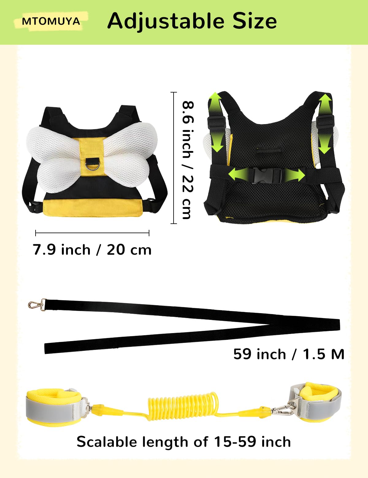 Toddler Harness with Anti Lost Wrist Link - 3-in-1 Baby Safety Leash Backpack, Adjustable Kids Walking Belt with Pocket,Child Locking Wristband for Boys & Girls for Outdoor Travel, Yellow Bee