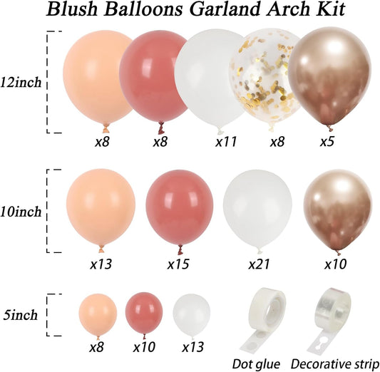 RUBFAC Blush Pink Balloon Garland Arch Kit, Dusty Pink Peach Rose Gold White Balloon Garland Kit for Party Birthday Girl Baby Shower Boho Party Decorations