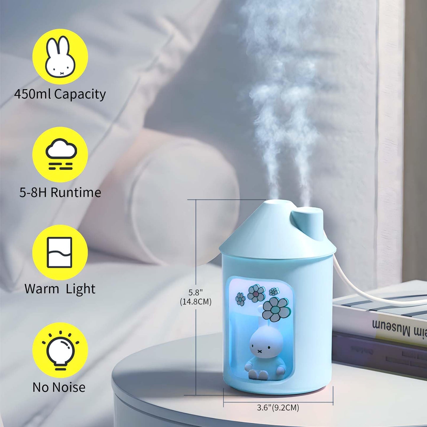 Mipow x miffy BTA700M Cool Mist Humidifier for Bedroom,Ultrasonic Quiet Humidifier with Night Light,450 ML Double Spray Humidifiers for Nursery,Office Indoor Plants (Pink)