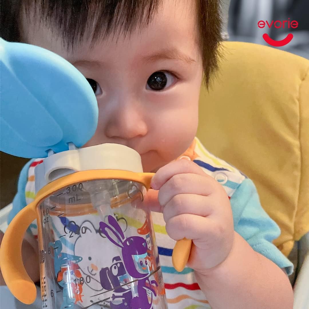 Evorie Tritan Spill Proof Toddler Straw Sippy Cup, 10 oz for Baby and Toddlers 1-3 Years Old, No Spill Straw Water Bottle with Removable Handles, Ideal for School, BPA-Free, Pink Rabbit