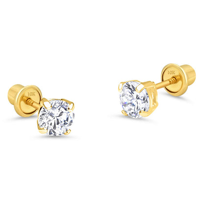 10k Yellow Gold Basket Round CZ Cubic Zirconia Solitaire Children Stud Screwback Baby Girls Earrings