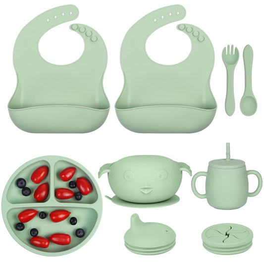 Silicone Baby Feeding Set 11 Piece, Baby Led Weaning Feeding Supplies, Strong Suction Bowl & Suction Plate, Adjustable Bibs, 4-in-1 Cup, Silicone Spoon & Fork, Food-grade Silicone (Green)