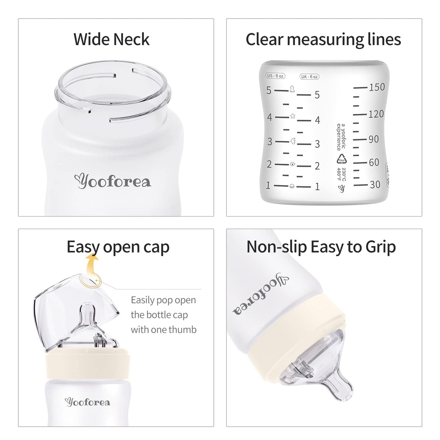 Yooforea Silicone Coated Glass Baby Bottle, 0M+ Slow Flow Nipple I Anti-Colic, Wide Neck, Stable Base I Medical-Grade Silicone Coating for Shatter Protection, BPA BPS PVC Free (3 Ounce-Honey)