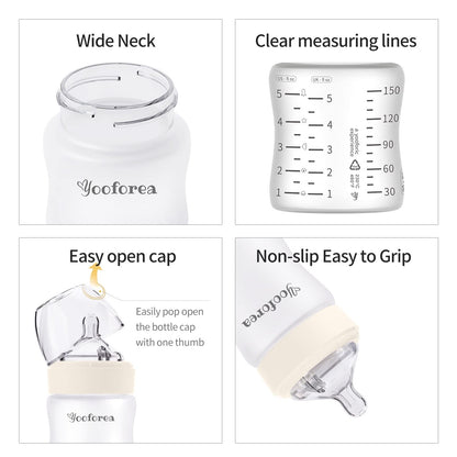 Yooforea Silicone Coated Glass Baby Bottle, 0M+ Slow Flow Nipple I Anti-Colic, Wide Neck, Stable Base I Medical-Grade Silicone Coating for Shatter Protection, BPA BPS PVC Free (3 Ounce-Honey)