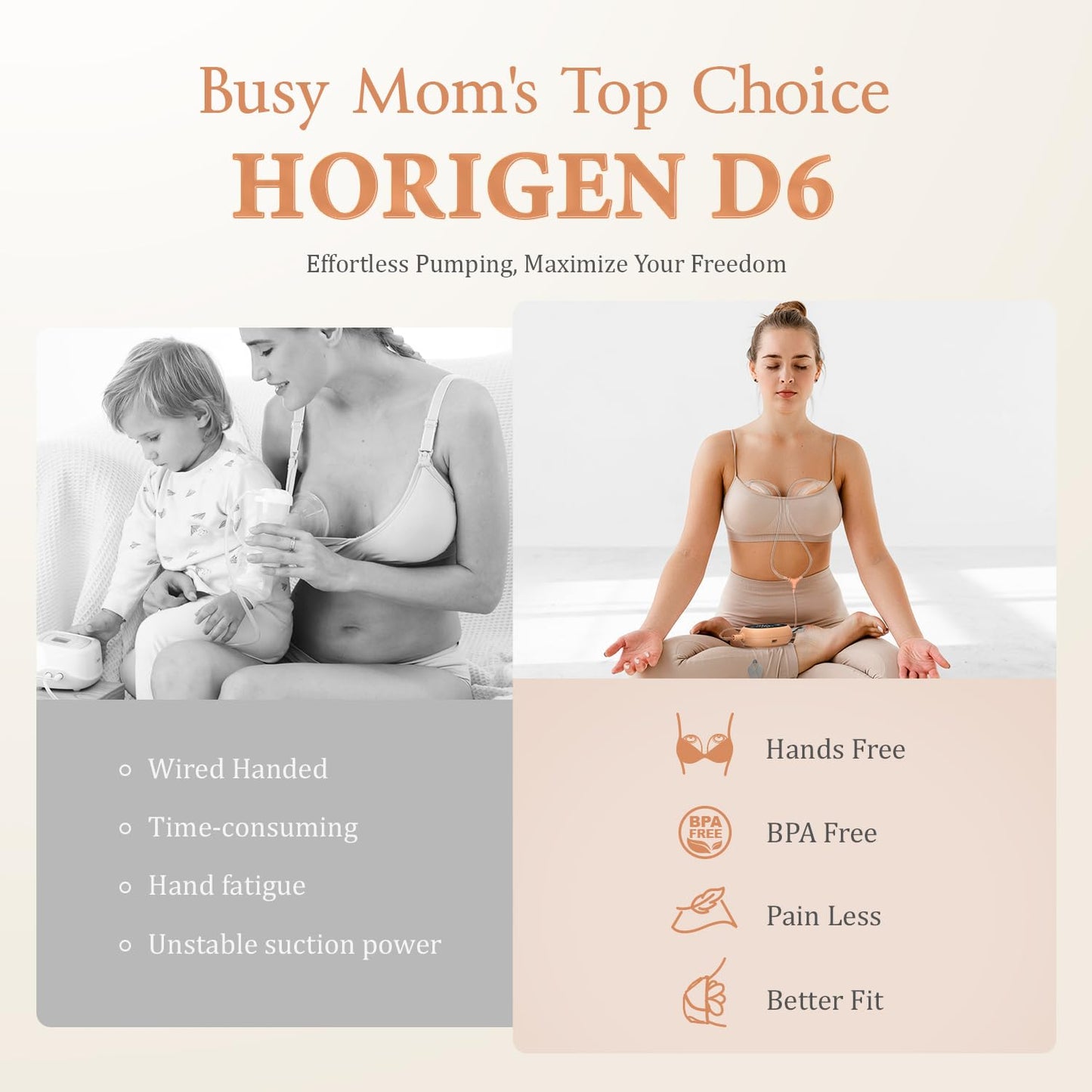Wearable Hands Free Breast Pump D6, Portable Breastfeeding Pumps with 3 Modes & 9 Levels, Strong Suction Discreet Low Noise Electric Breast Milk Pump, 15-25mm Double-Sealed Flange