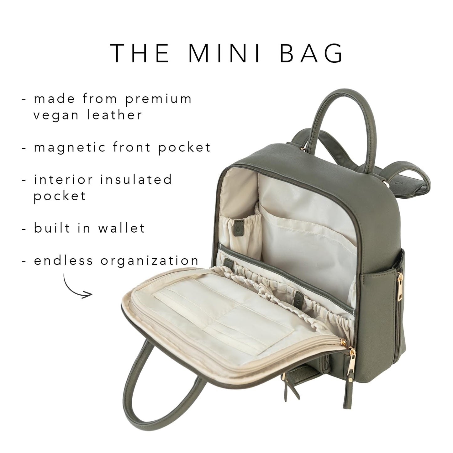 Ayla & Co Mini Bag, Transitional Minimal Diaper Bag, Vegan Leather, with Expandable Pockets, Built-In Wallet, Organizer