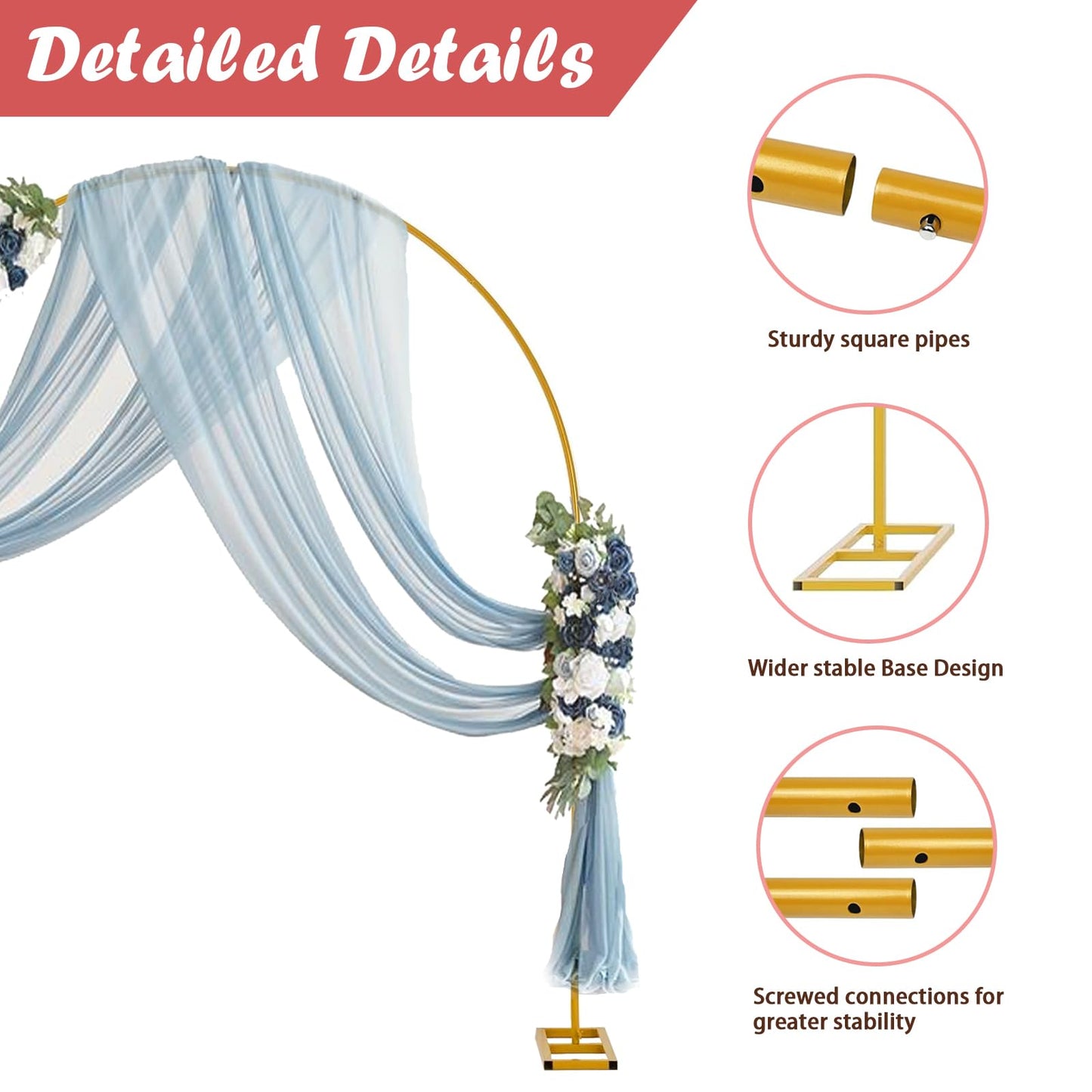 DDMY Wedding Backdrop Stand, 7.9 FT Thickened Metal Semicircular Square Base Arch, Portable Balloon Stand Kit for Ceremony, Birthday Party, Baby Shower, Christmas, New Year Decoration