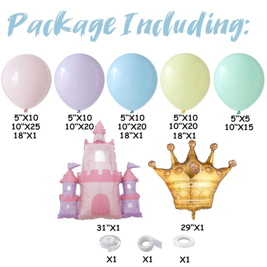Princess Birthday Party Decorations 150Pcs Pastel Macaron Princess Balloon Arch Garland Kit with Crown and Castle Foil Balloon for Princess Theme Birthday Baby Shower Party Decorations