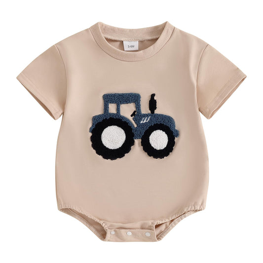 Baby Boy Summer Bubble Romper Tractor Embroidery Short Sleeve Bodysuit Infant Cute Outfit Farm Clothes