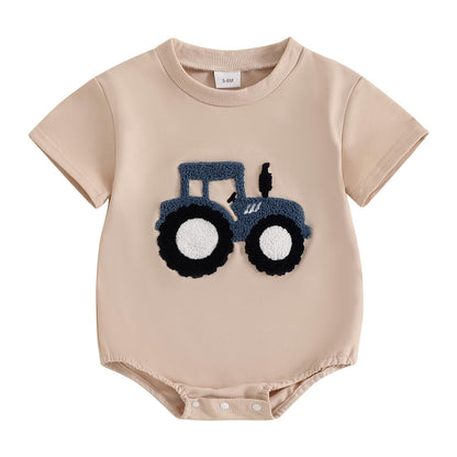 Baby Boy Summer Bubble Romper Tractor Embroidery Short Sleeve Bodysuit Infant Cute Outfit Farm Clothes