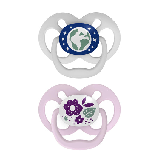 Dr. Brown's Advantage Glow-in-the-Dark Baby Pacifier, Fully Symmetrical Soother with Soft Silicone Bulb, Scooter Squirrel-Purple Nature, 6-18m, BPA Free, 4 Pack