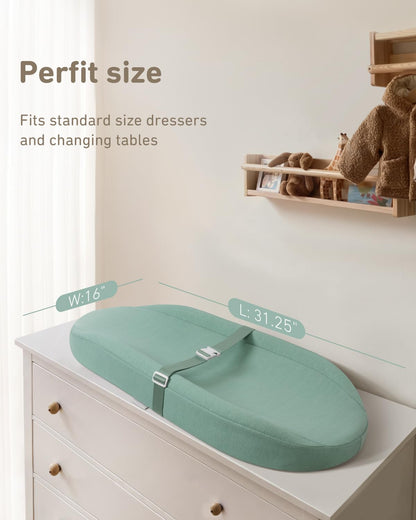 Blissful Diary Baby Changing Pad with Waterproof Lining Foam, Includes a Soft & Washable Cover, Contoured Changing Table Pads for Dresser Top with Non-Slip Bottom, 32”×16” (Grey, Avocado)