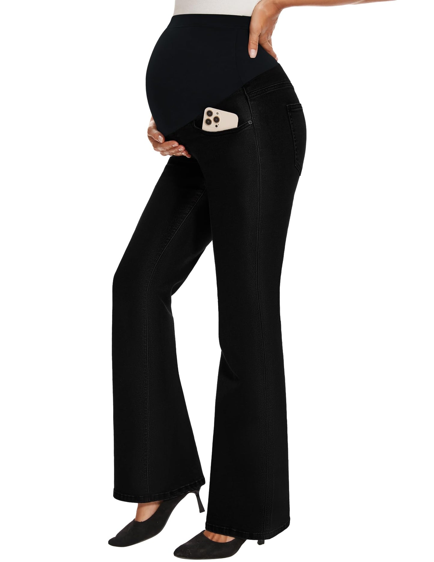 GLAMIX Women's Stretch Maternity Bootcut Jeans with Pockets Over The Belly Bell Bottoms Flare Denim Pants Pregnancy Clothes