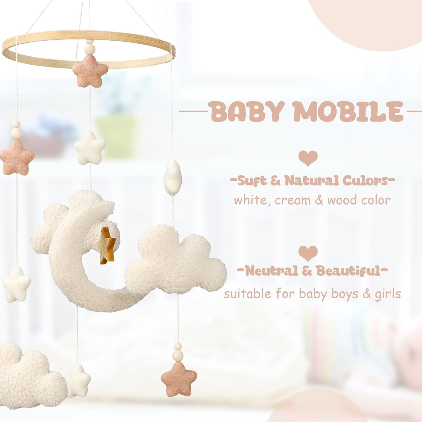 Crib Mobile for Boys Girls, Cute Stars Moon Cloud Boho Gender Neutral Hand-Crocheted Mobile for Baby Nursery Ceiling Mount Unisex