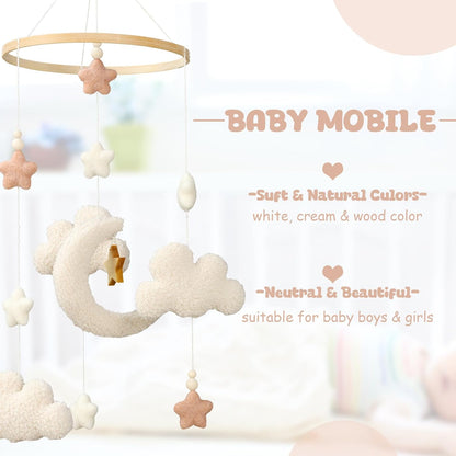 Crib Mobile for Boys Girls, Cute Stars Moon Cloud Boho Gender Neutral Hand-Crocheted Mobile for Baby Nursery Ceiling Mount Unisex