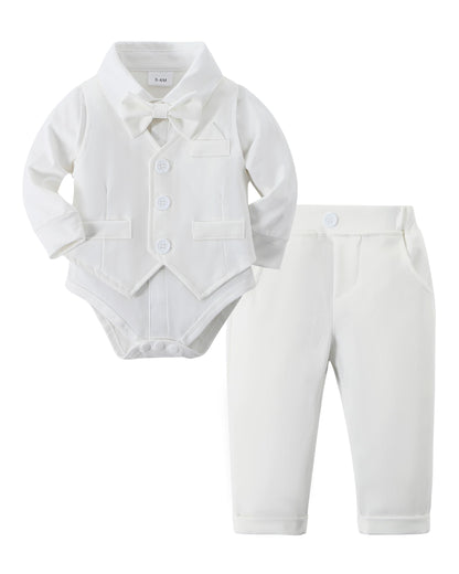 DISAUR Baby Boy Clothes Toddler Boy Outfits 4PCS Gentleman Dress Romper/Vest/Pants/Bow Tie Cotton Suit Sets