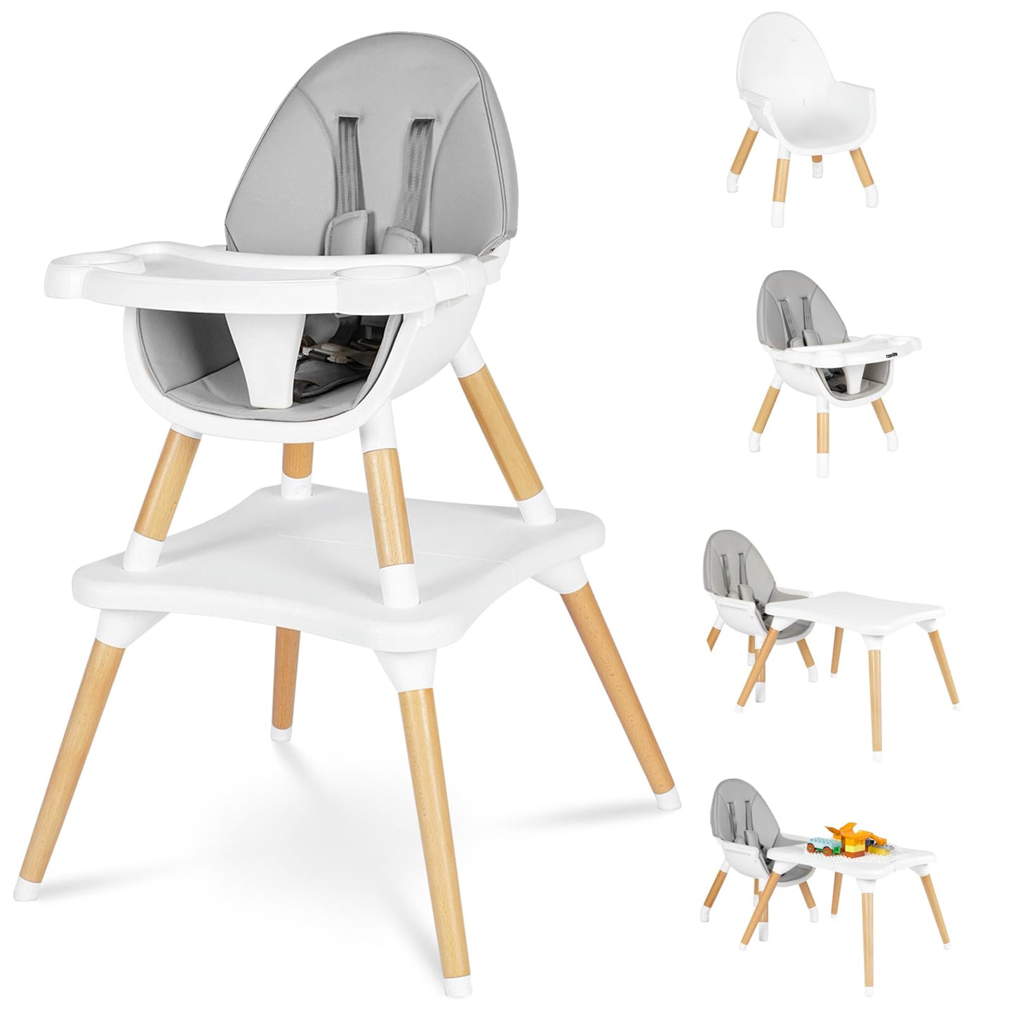 High Chair for Babies & Toddlers, Convertible Wooden 6 in 1 Baby Highchair, Table and Chair Set, Building Block Table, 5-Point Adjustable Seat Belts, 4-Position Removable Tray& PU Seat Cushion (Black)
