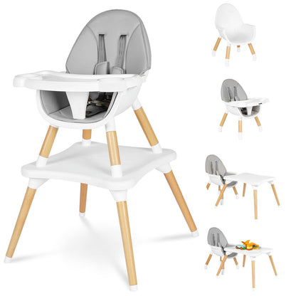 High Chair for Babies & Toddlers, Convertible Wooden 6 in 1 Baby Highchair, Table and Chair Set, Building Block Table, 5-Point Adjustable Seat Belts, 4-Position Removable Tray& PU Seat Cushion (Black)