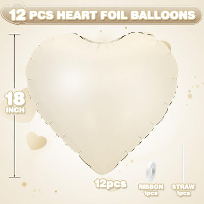 Sage Green Gold Heart Balloons,12Pcs Light Gold Heart Shaped Foil Balloons,18Inch Cream White Helium Mylar Balloon for Baby Shower Birthday Anniversary Wedding Party Decorations