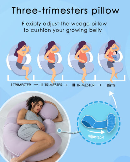 QUEEN ROSE Cooling Pregnancy Pillows,E Shaped Full Body Pillow for Sleeping, with Pregnancy Wedge Pillow for Belly Support, 60 Inch Maternity Pillow for Side Sleeper, Cooling Rayon Cover, Purple