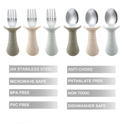 PandaEar Baby Toddler Fork and Spoon Utensil Set, 6 Pack Silicone Stainless Steel Silverware Spoon Fork for Babies Toddler, BPA Free with Silicone Holding Anti-Choke Design (Green Blue Brown)