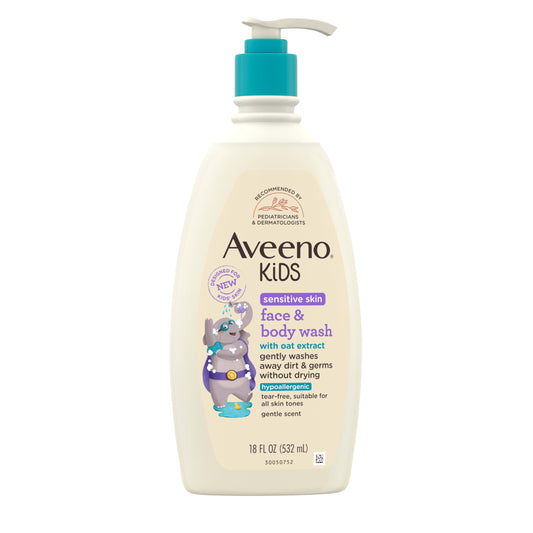 Aveeno Kids Sensitive Skin Face & Body Wash With Oat Extract, Gently Washes Away Dirt & Germs Without Drying, Tear-Free & Suitable for All Skin Tones, Hypoallergenic, 18 fl. oz