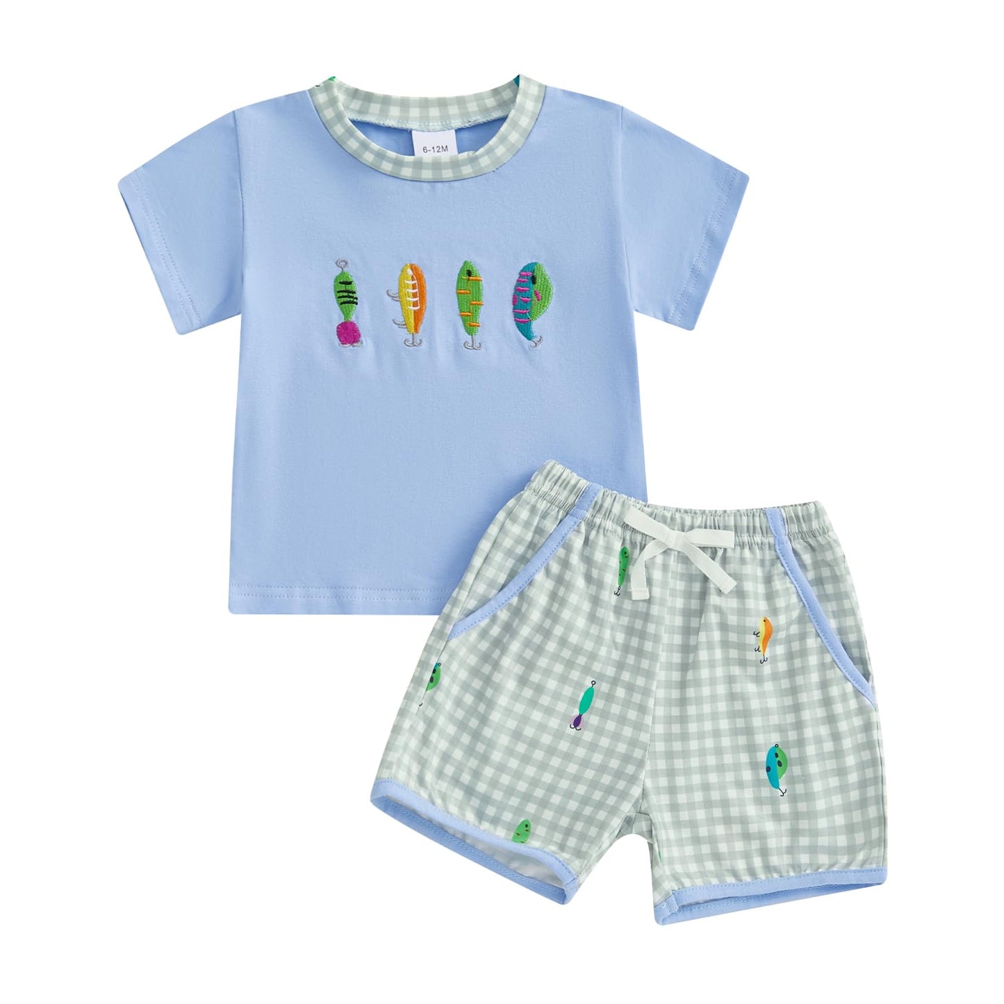 Toddler Baby Boy Summer Outfits Short Sleeve Embroidered T Shirt Tees + Striped/Plaid Shorts Infant Clothes Set