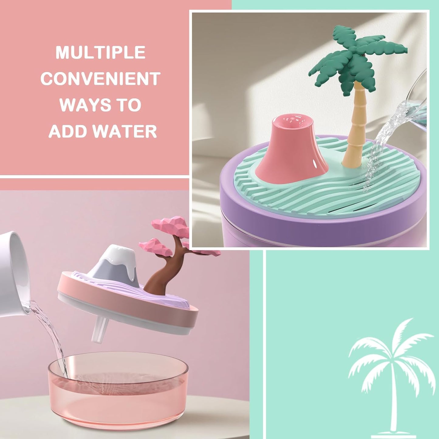 Landscape Night Light Humidifier with 2 Mist Modes, 320mL Large Tank Whisper-Quiet for Baby/Nursery/Office, Portable Mini Air Moisturizer (Coconut tree)