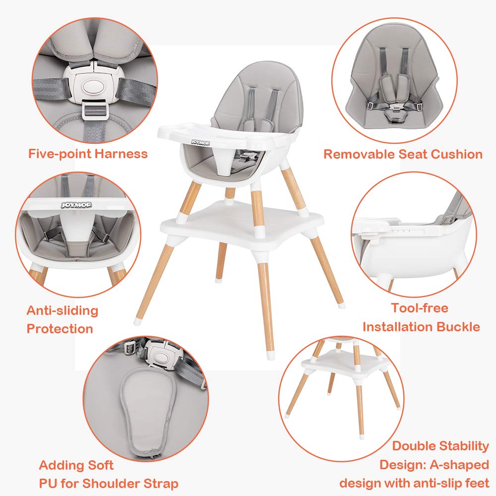 JOYMOR 5-in-1 Convertible Baby High Chair for Babies and Toddlers, Table and Chair Set, Wooden Infant Eating Highchair with Leather Seat Cushion, 4-Position Removeable & Adjustable Tray (Biege)
