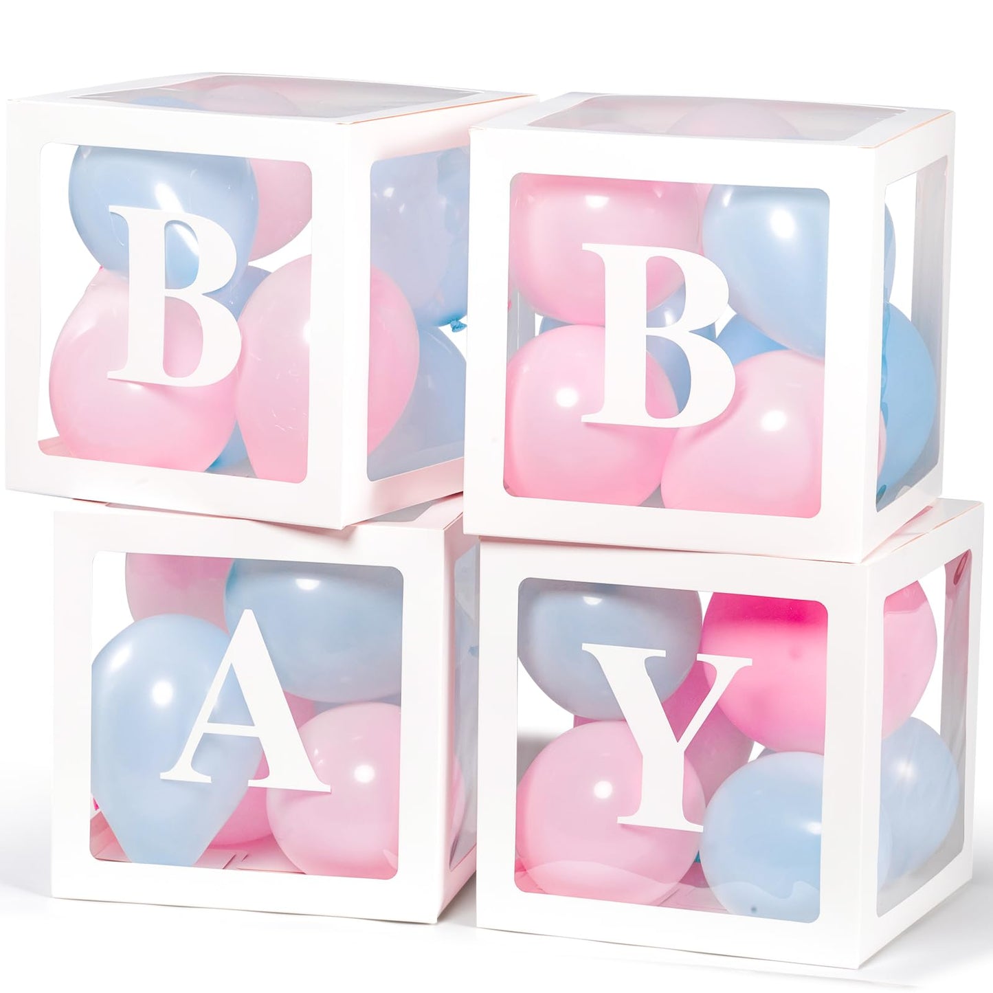Baby Boxes with Letters for Baby Shower Decorations, Gender Reveal with 4 Pastel Balloon Boxes