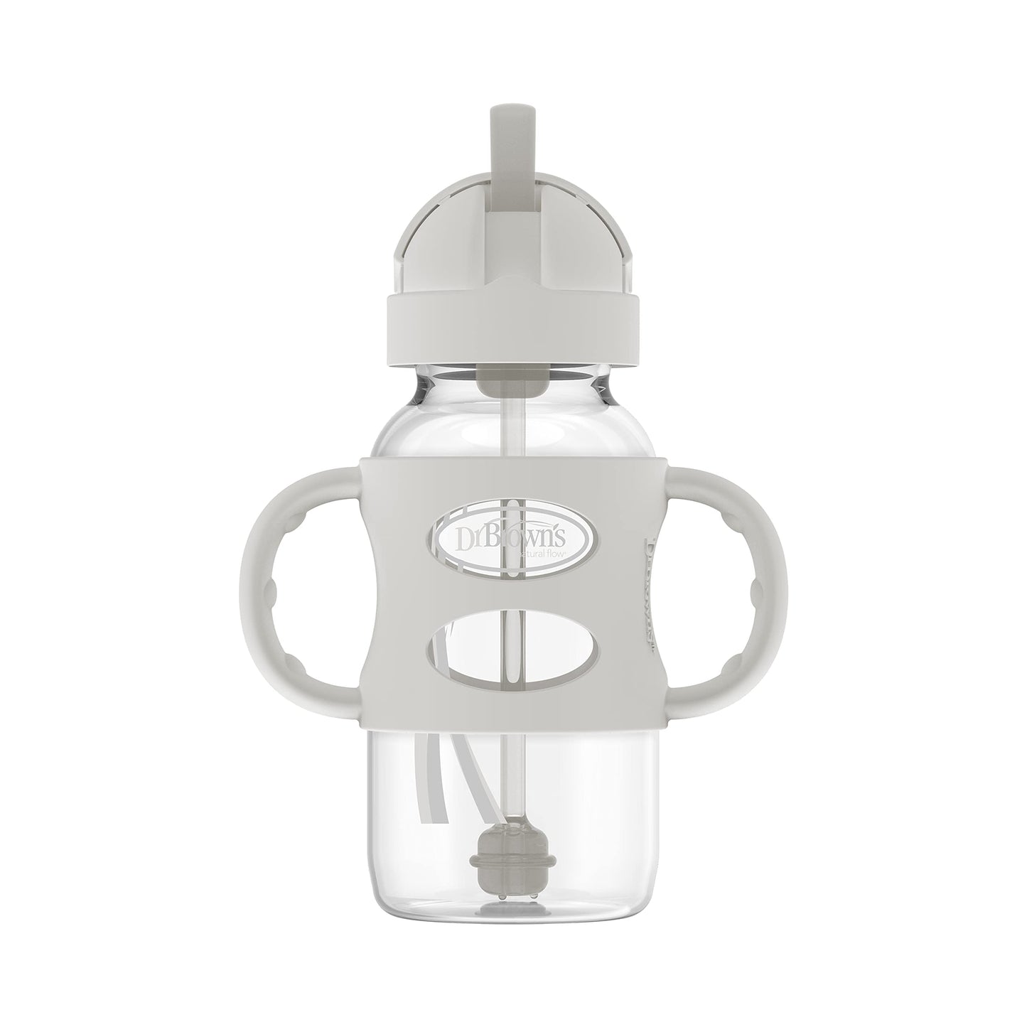 Dr. Brown's Milestones Wide-Neck Sippy Straw Bottle with 100% Silicone Handles and Weighted Straw, 9 oz/270 mL, Gray & Pink, 6m+, 2 Count (Pack of 1)