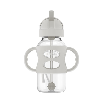 Dr. Brown's Milestones Wide-Neck Sippy Straw Bottle with 100% Silicone Handles and Weighted Straw, 9 oz/270 mL, Gray & Pink, 6m+, 2 Count (Pack of 1)