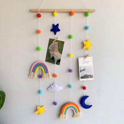 Macrame Rainbow Wall Hanging for Nursery Room,URMAGIC Rainbow Hanging Photo Display with Pom Pom Ball and 25 Photo Clips,Wood Mobile Bed Bell with Moon,Cloud and Stars,Baby Crib Hanging Toys