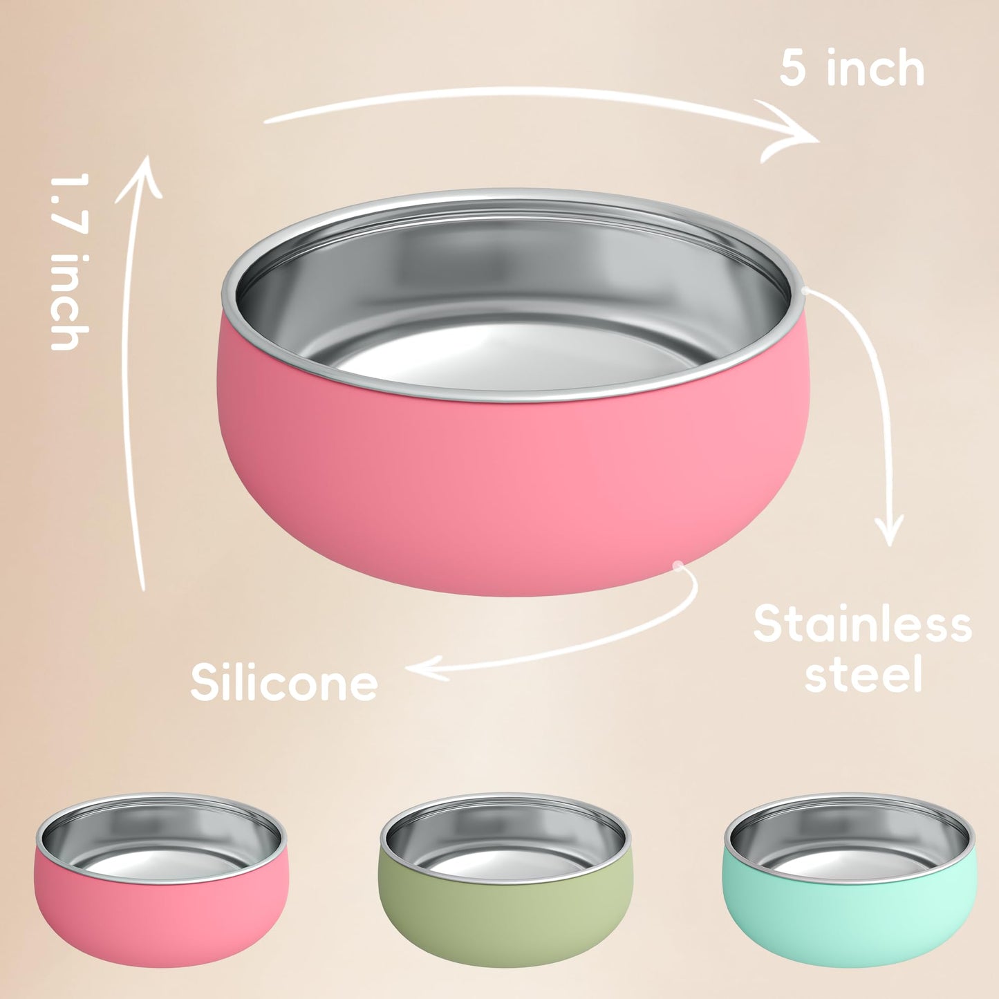 Bella's Friends Stainless Steel Baby Bowls with Silicone Sleeve 3 Pack, 4.3” for Toddlers Kids Feeding, Non-Slip, Non-Toxic, Mess-Free, Dishwasher Safe, Fit High Chair Size, Rose green Khaki