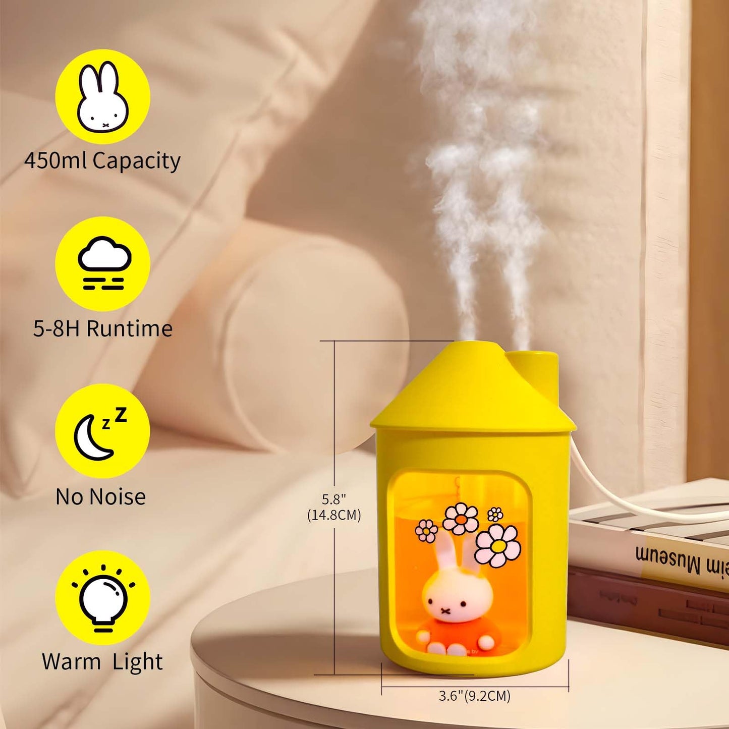 Mipow x miffy BTA700M Cool Mist Humidifier for Bedroom,Ultrasonic Quiet Humidifier with Night Light,450 ML Double Spray Humidifiers for Nursery,Office Indoor Plants (Pink)