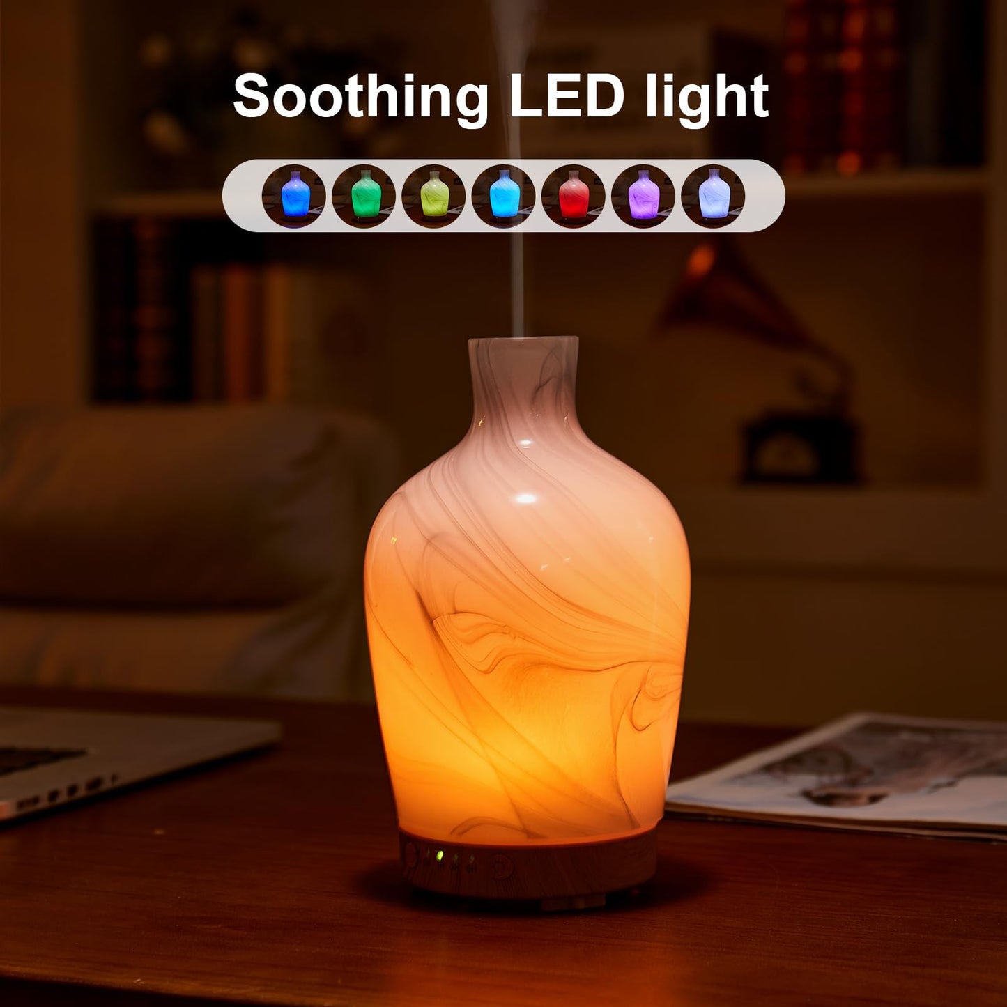 Essential Oil Diffuser Hand Blown Glass Aromatherapy Diffuser - Ultrasonic Cool Mist Scent Aroma Diffuser, Whisper Quiet with Auto Shut-Off, Timer Setting &7 Colors Night Light for Home
